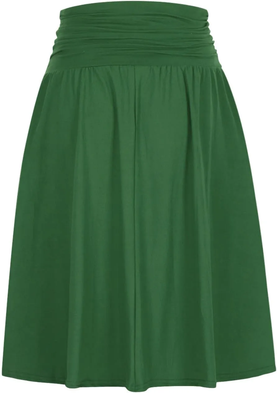 Plus Size Skirts for Women Knee Length Ruched Flowy Midi Skirt Loose Fit Casual Elastic High Waist Skirt with Pocket