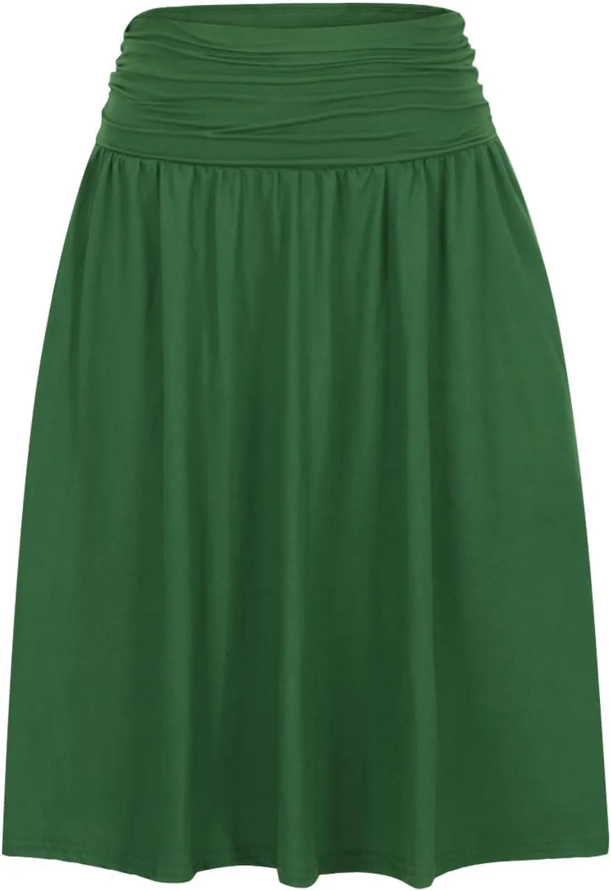 Plus Size Skirts for Women Knee Length Ruched Flowy Midi Skirt Loose Fit Casual Elastic High Waist Skirt with Pocket