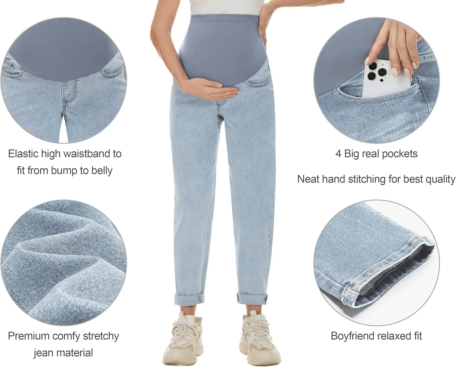 POSHGLAM Women's Maternity Jeans Over Belly Comfy Stretch Boyfriend Jeans Loose Pregnancy Pants, S-XXL