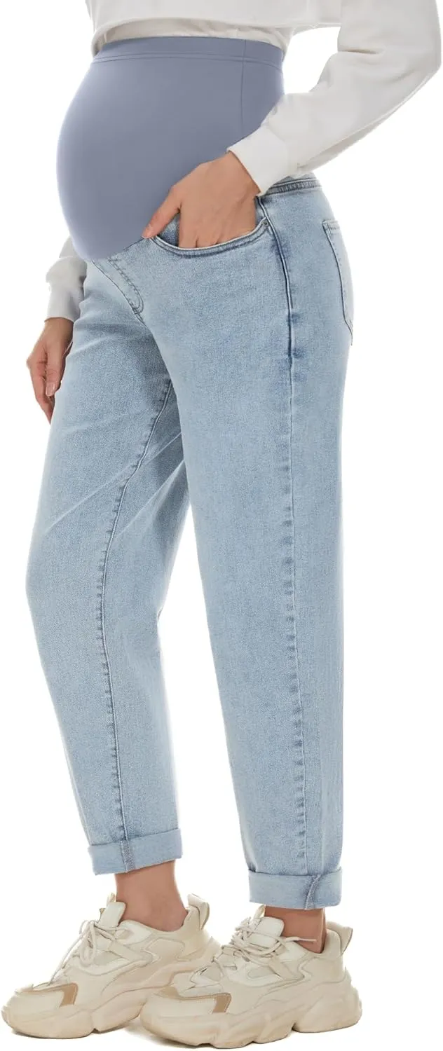 POSHGLAM Women's Maternity Jeans Over Belly Comfy Stretch Boyfriend Jeans Loose Pregnancy Pants, S-XXL