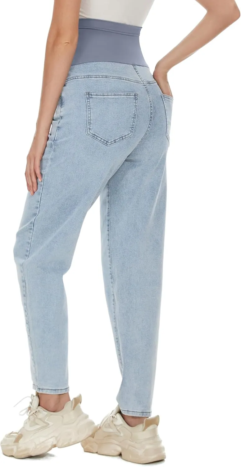 POSHGLAM Women's Maternity Jeans Over Belly Comfy Stretch Boyfriend Jeans Loose Pregnancy Pants, S-XXL