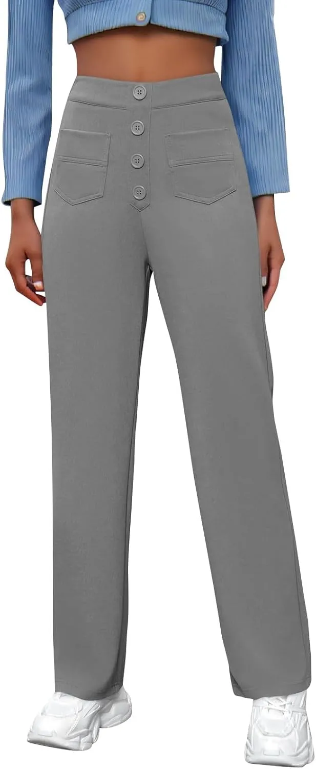 Pull On Dress Pants for Women Slim Fit High Waist Tall Work Pants Straight Leg Business Casual Trousers with Pockets