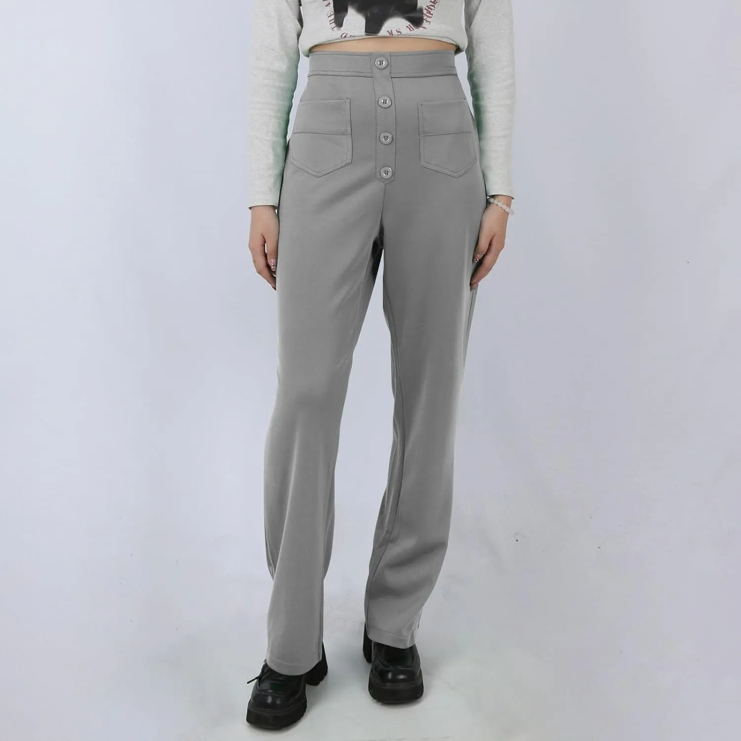 Pull On Dress Pants for Women Slim Fit High Waist Tall Work Pants Straight Leg Business Casual Trousers with Pockets