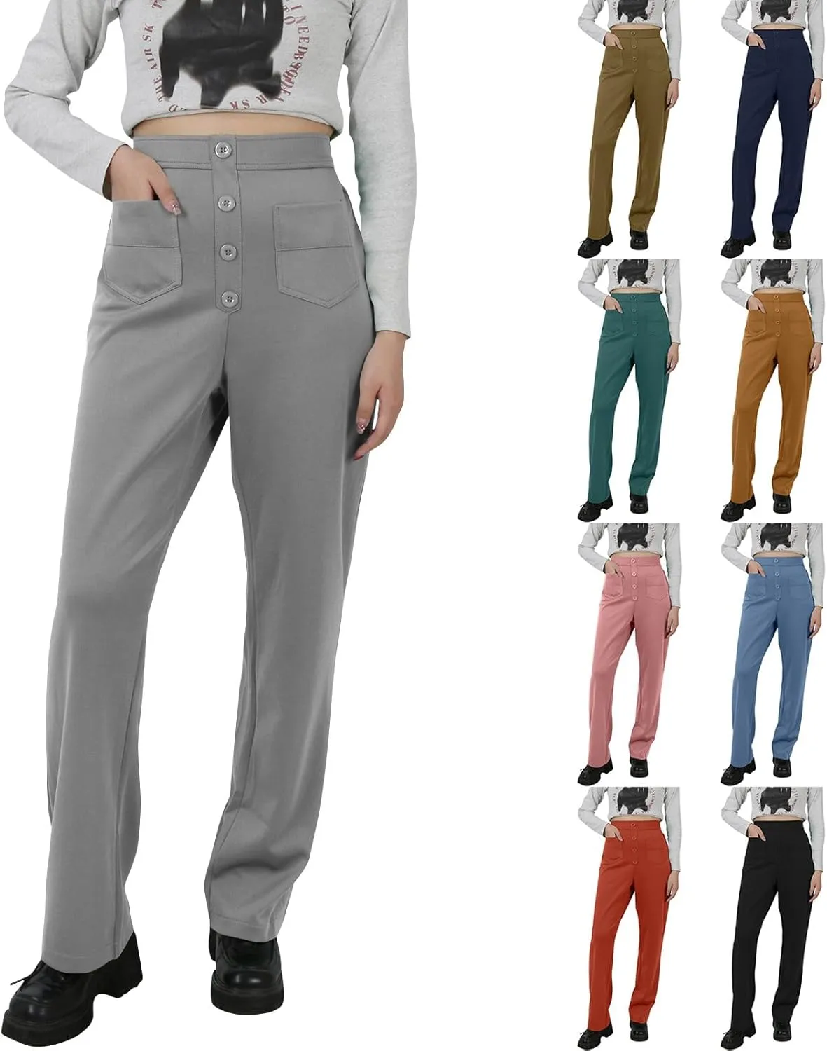 Pull On Dress Pants for Women Slim Fit High Waist Tall Work Pants Straight Leg Business Casual Trousers with Pockets