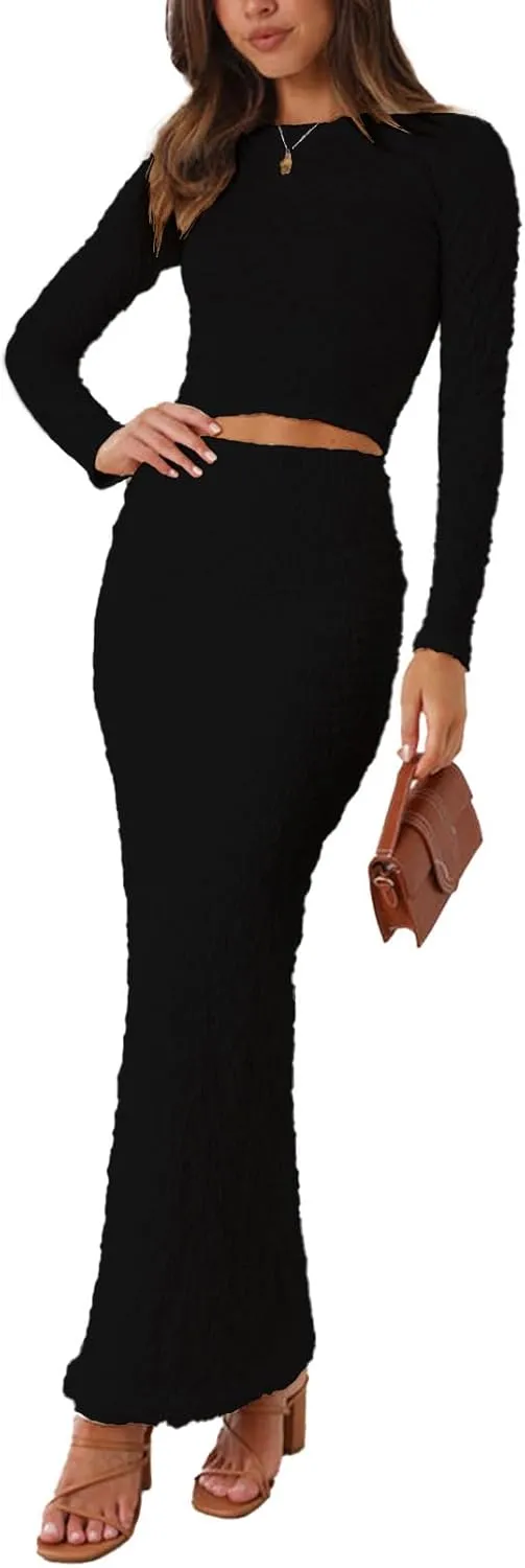 RAISECOM Women's Fall Skirt Set 2 Piece Outfits Longsleeve Dresses Crop Top Maxi Bodycon Skirt Casual Trendy Dress