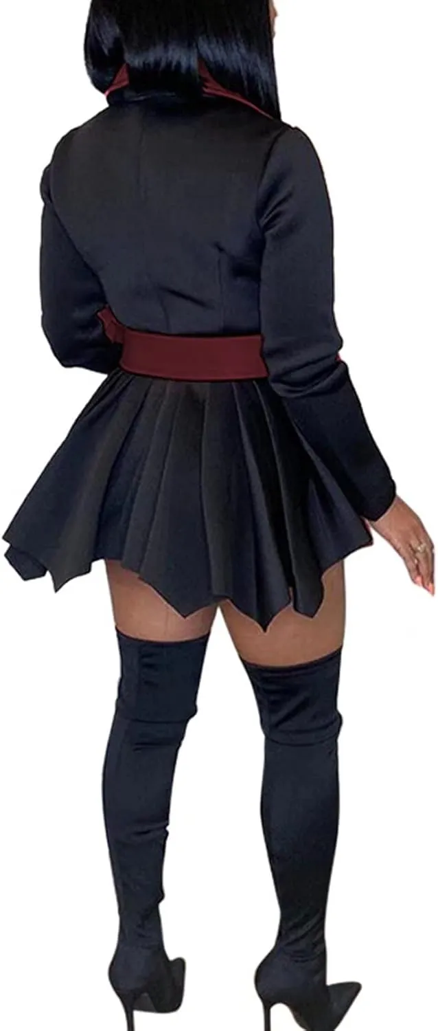 RAMOUG Two Tone Lapel V Neck Double Breasted Peplum Jacket Sexy Belted Blazer Mini Dress
