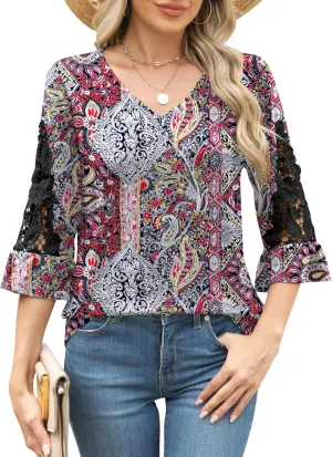 Rapbin 3/4 Length Sleeve Womens Tops Summer Lace Ruffles Sleeve T Shirts V-Neck Dressy Casual Trendy Tunic Blouses