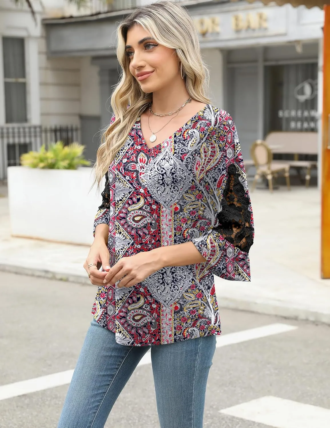 Rapbin 3/4 Length Sleeve Womens Tops Summer Lace Ruffles Sleeve T Shirts V-Neck Dressy Casual Trendy Tunic Blouses