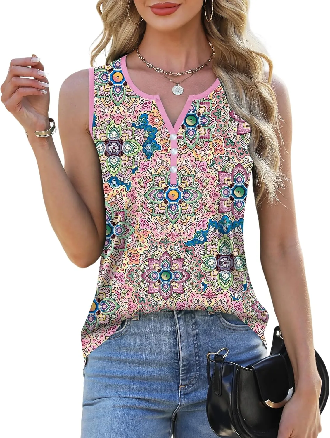 Rapbin Womens Tank Tops Loose Fit Summer Sleeveless V Neck Button Down Shirt Casual Trendy Outfits Clothes S-XXL