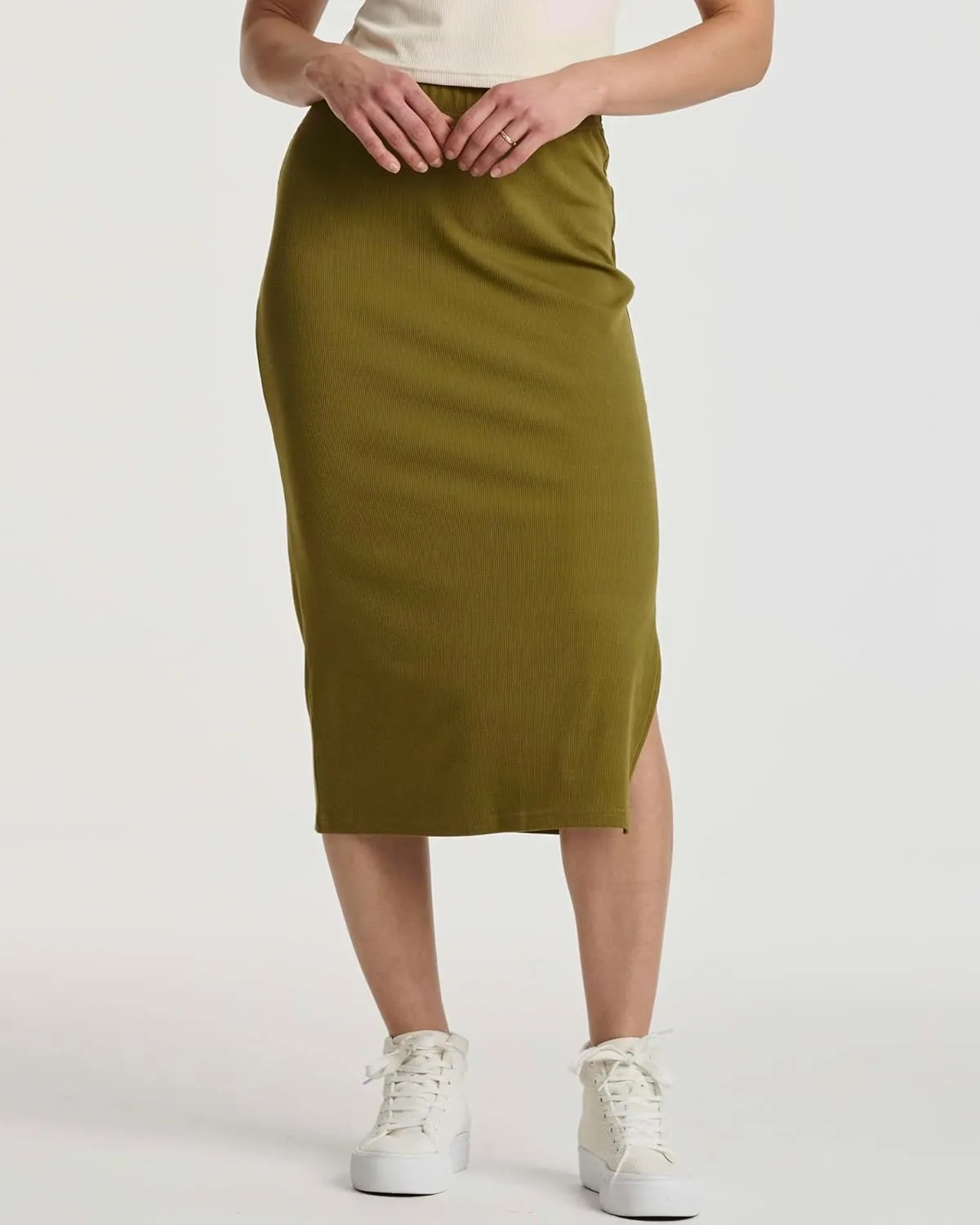 Real Essentials 3 Pack: Women's Midi Ribbed Knit Skirt with Side Slit - Stretchy Work Business Casual Pencil Pull-On Skirts