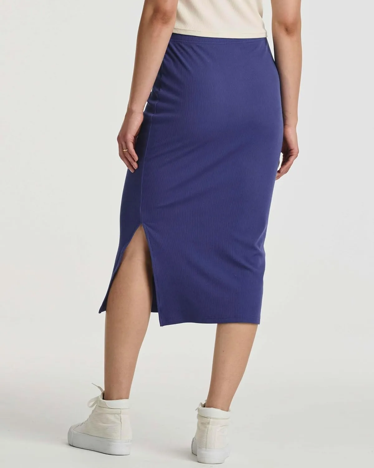 Real Essentials 3 Pack: Women's Midi Ribbed Knit Skirt with Side Slit - Stretchy Work Business Casual Pencil Pull-On Skirts