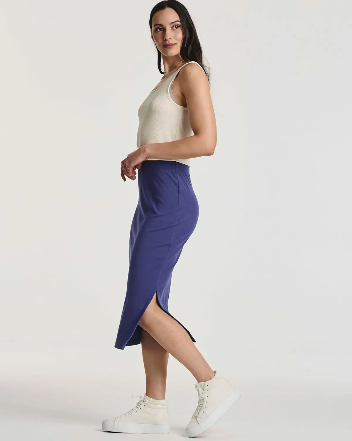 Real Essentials 3 Pack: Women's Midi Ribbed Knit Skirt with Side Slit - Stretchy Work Business Casual Pencil Pull-On Skirts