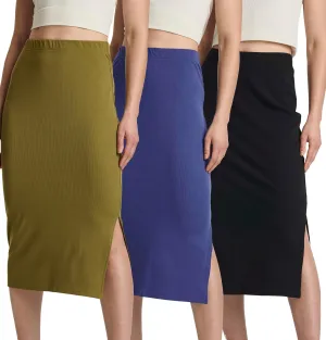 Real Essentials 3 Pack: Women's Midi Ribbed Knit Skirt with Side Slit - Stretchy Work Business Casual Pencil Pull-On Skirts