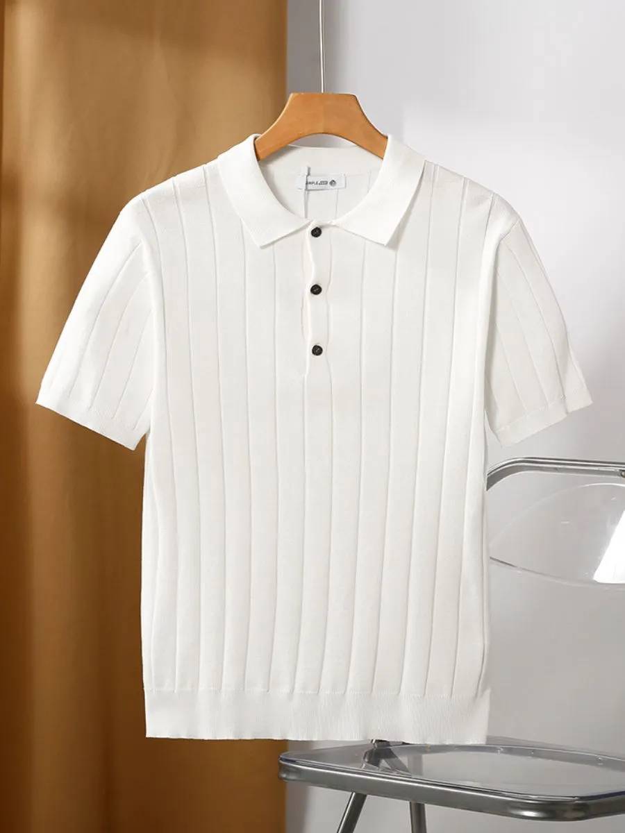Ribbed Knit Buttoned Collar Polo