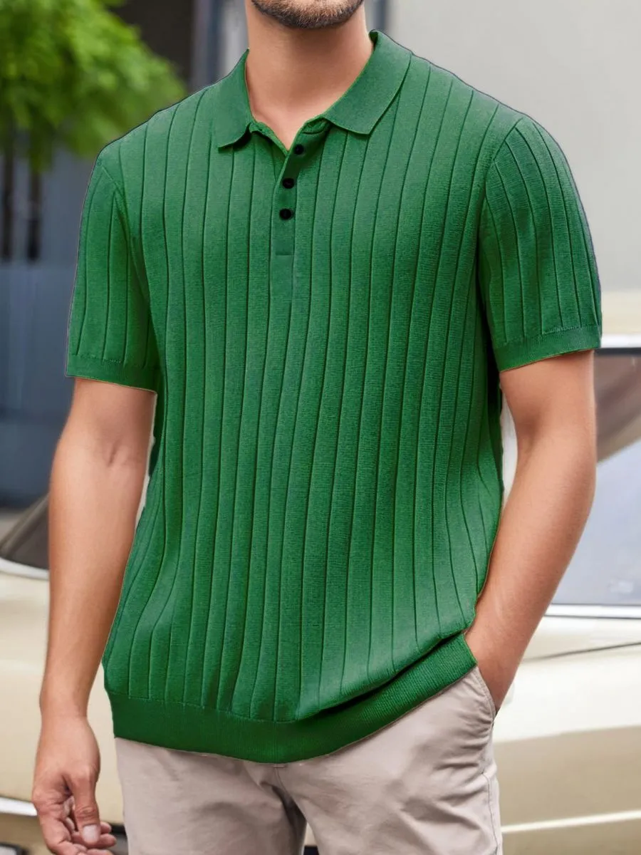 Ribbed Knit Buttoned Collar Polo