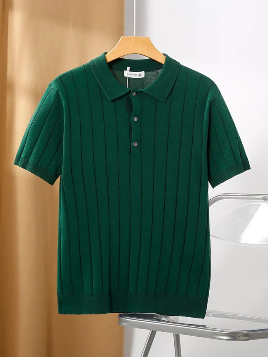 Ribbed Knit Buttoned Collar Polo
