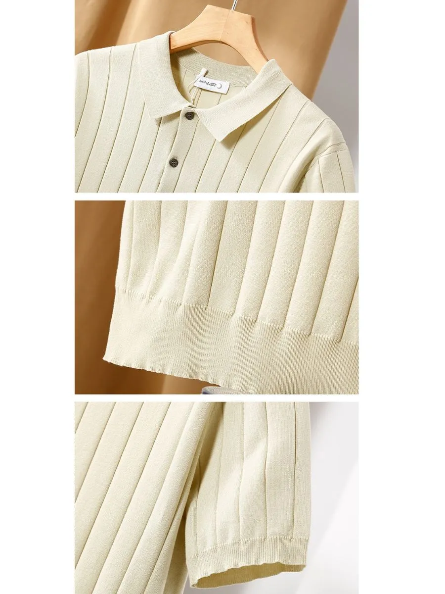 Ribbed Knit Buttoned Collar Polo