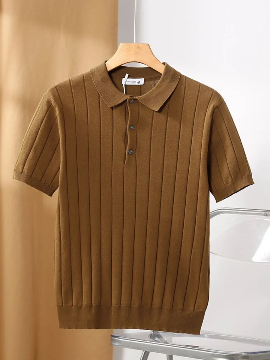 Ribbed Knit Buttoned Collar Polo