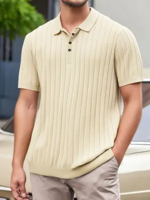 Ribbed Knit Buttoned Collar Polo