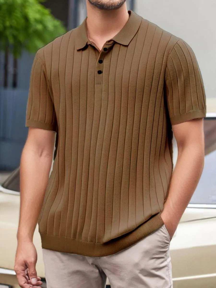 Ribbed Knit Buttoned Collar Polo