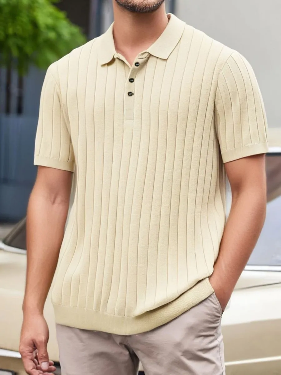 Ribbed Knit Buttoned Collar Polo