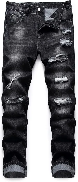 Ripped Jeans for Men Slim Denim Regular Fit Tapered Leg Distressed Destroyed Pants Mens Jeans with Hole