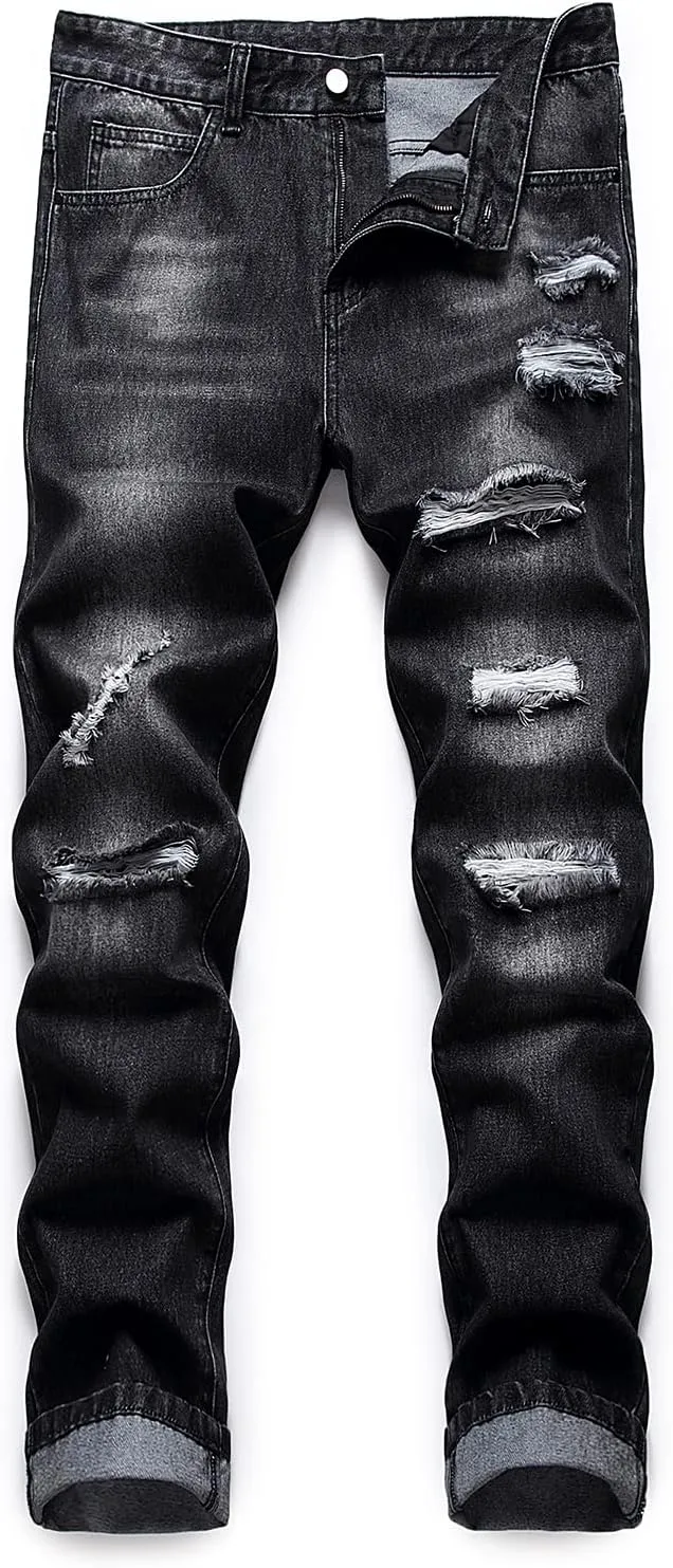 Ripped Jeans for Men Slim Denim Regular Fit Tapered Leg Distressed Destroyed Pants Mens Jeans with Hole