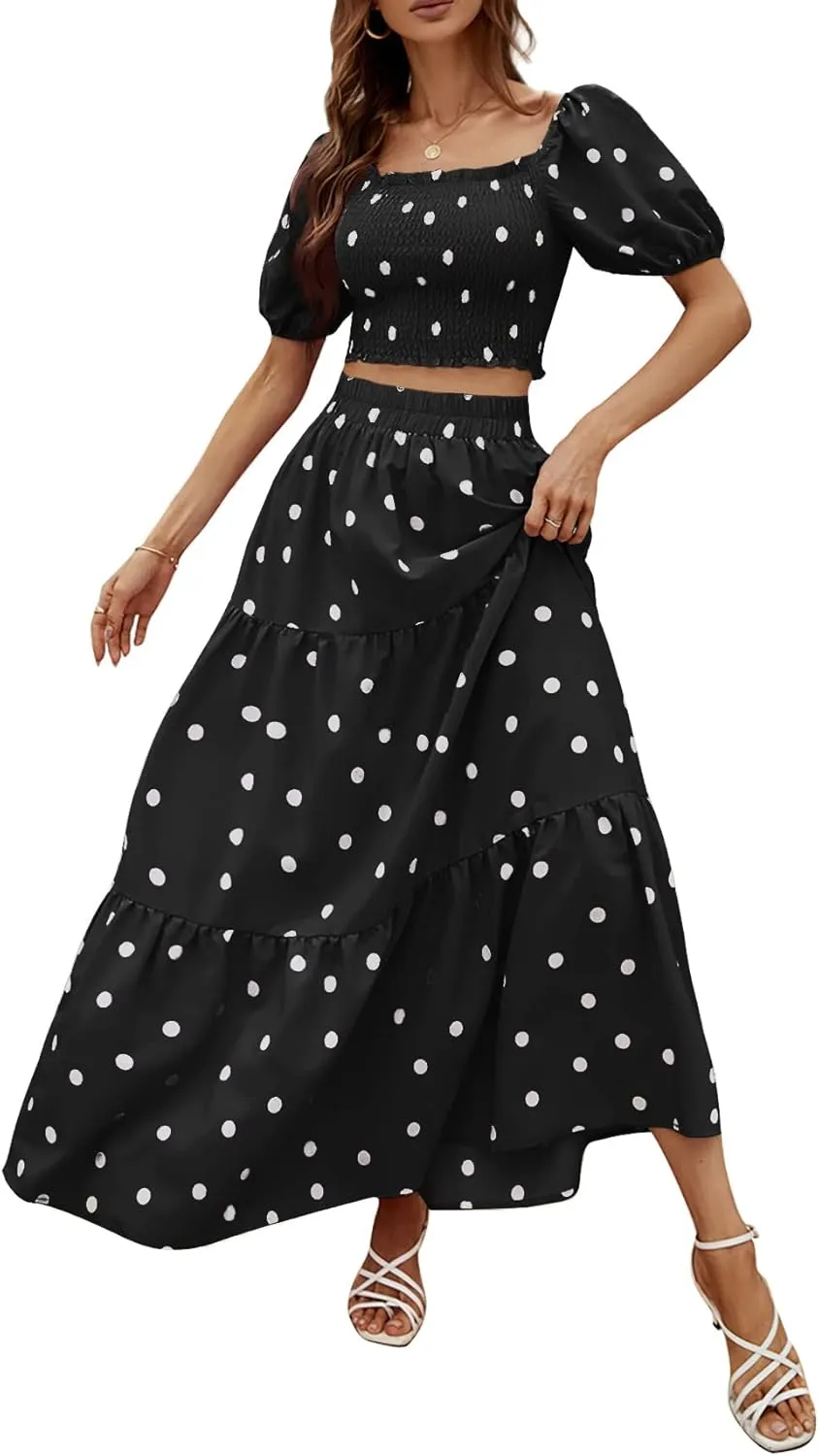 Rooscier Women's 2 Piece Outfit Shirred Short Sleeve Crop Top A Line Beach Maxi Skirt Set