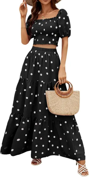 Rooscier Women's 2 Piece Outfit Shirred Short Sleeve Crop Top A Line Beach Maxi Skirt Set