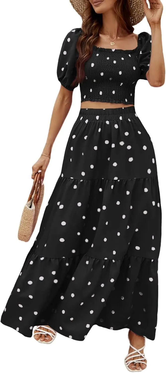 Rooscier Women's 2 Piece Outfit Shirred Short Sleeve Crop Top A Line Beach Maxi Skirt Set