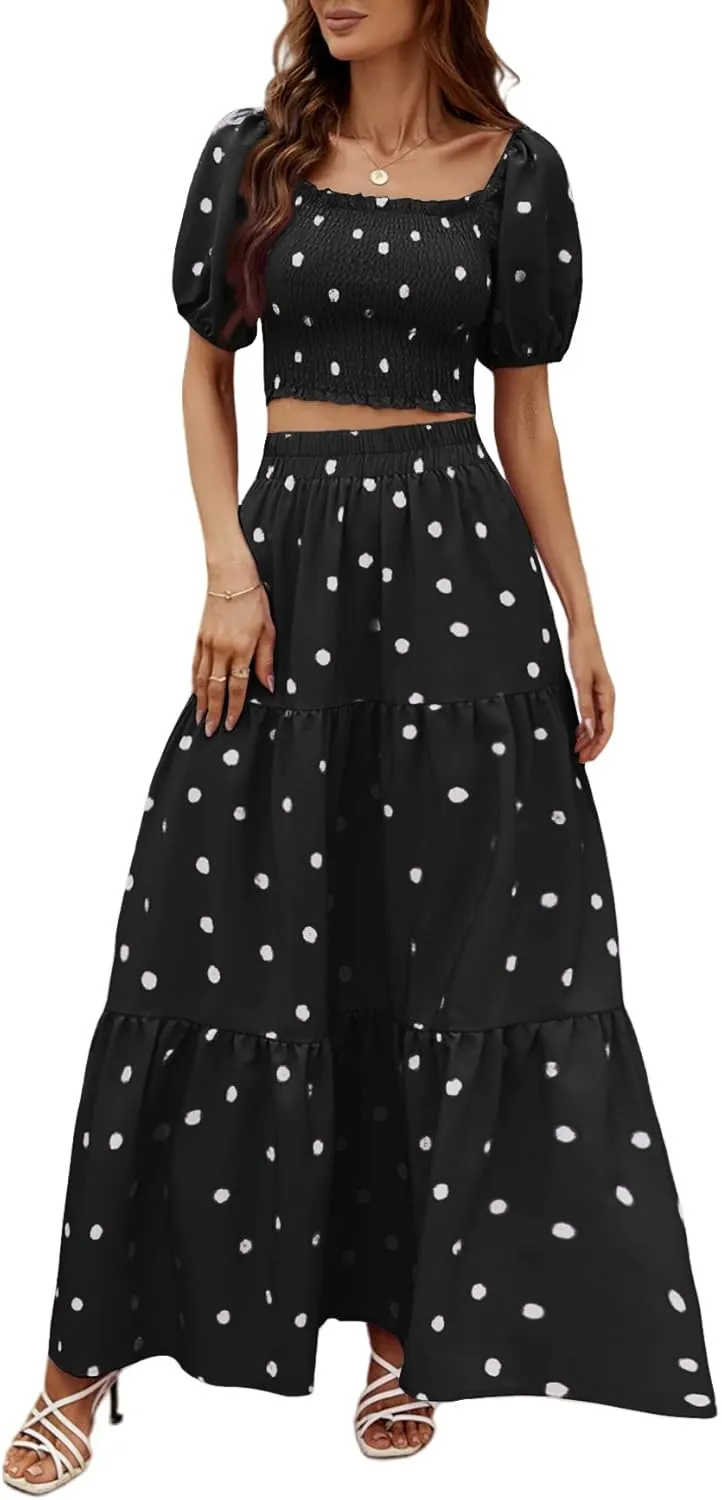 Rooscier Women's 2 Piece Outfit Shirred Short Sleeve Crop Top A Line Beach Maxi Skirt Set