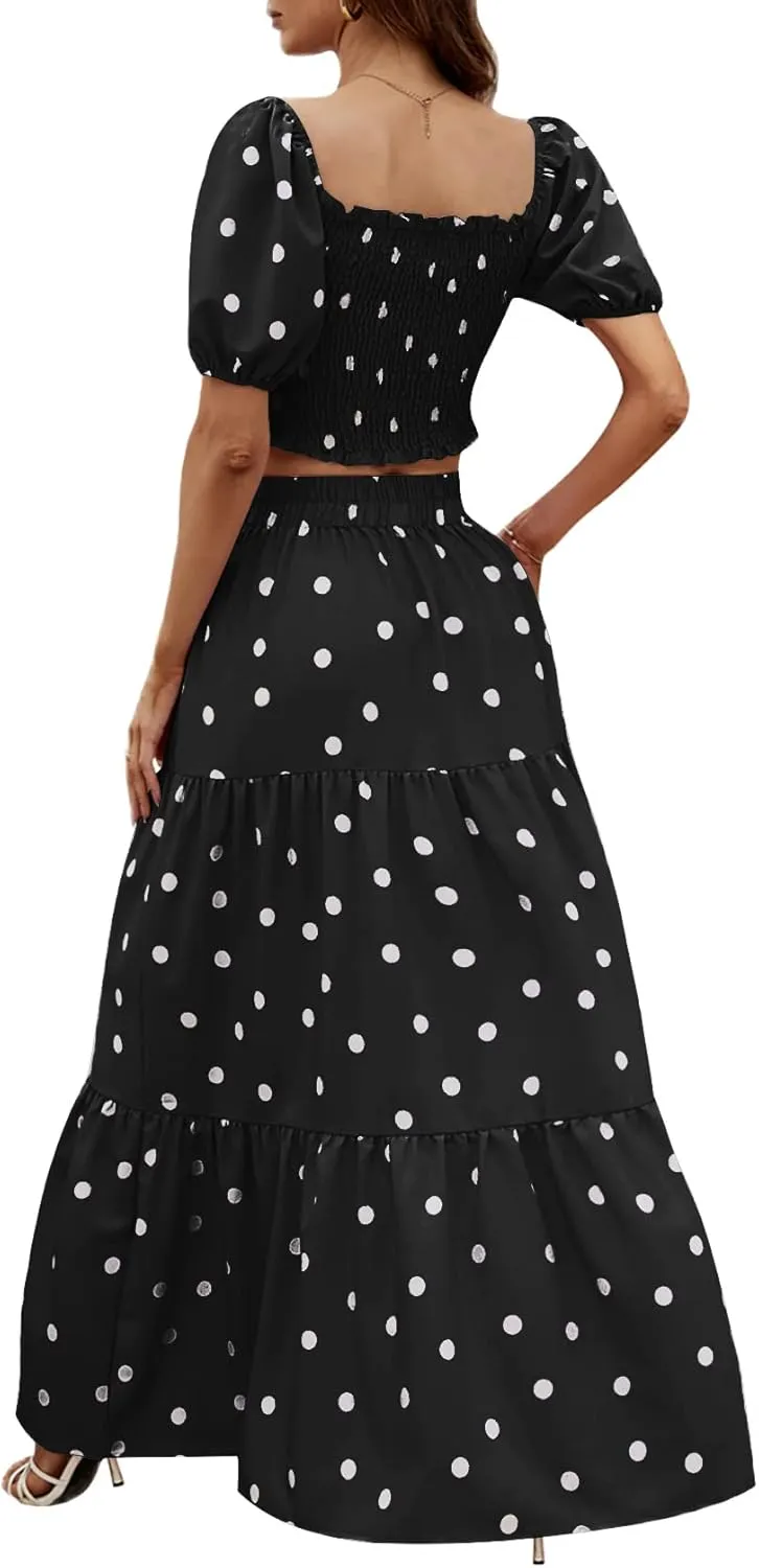 Rooscier Women's 2 Piece Outfit Shirred Short Sleeve Crop Top A Line Beach Maxi Skirt Set