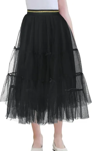 SEAUR Girls' Tulle A-line Mesh Long Tutu Skirts Casual Elastic High Waist Layered Skirt Party Princess Skirt
