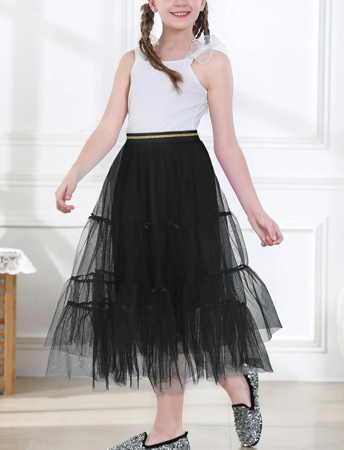 SEAUR Girls' Tulle A-line Mesh Long Tutu Skirts Casual Elastic High Waist Layered Skirt Party Princess Skirt