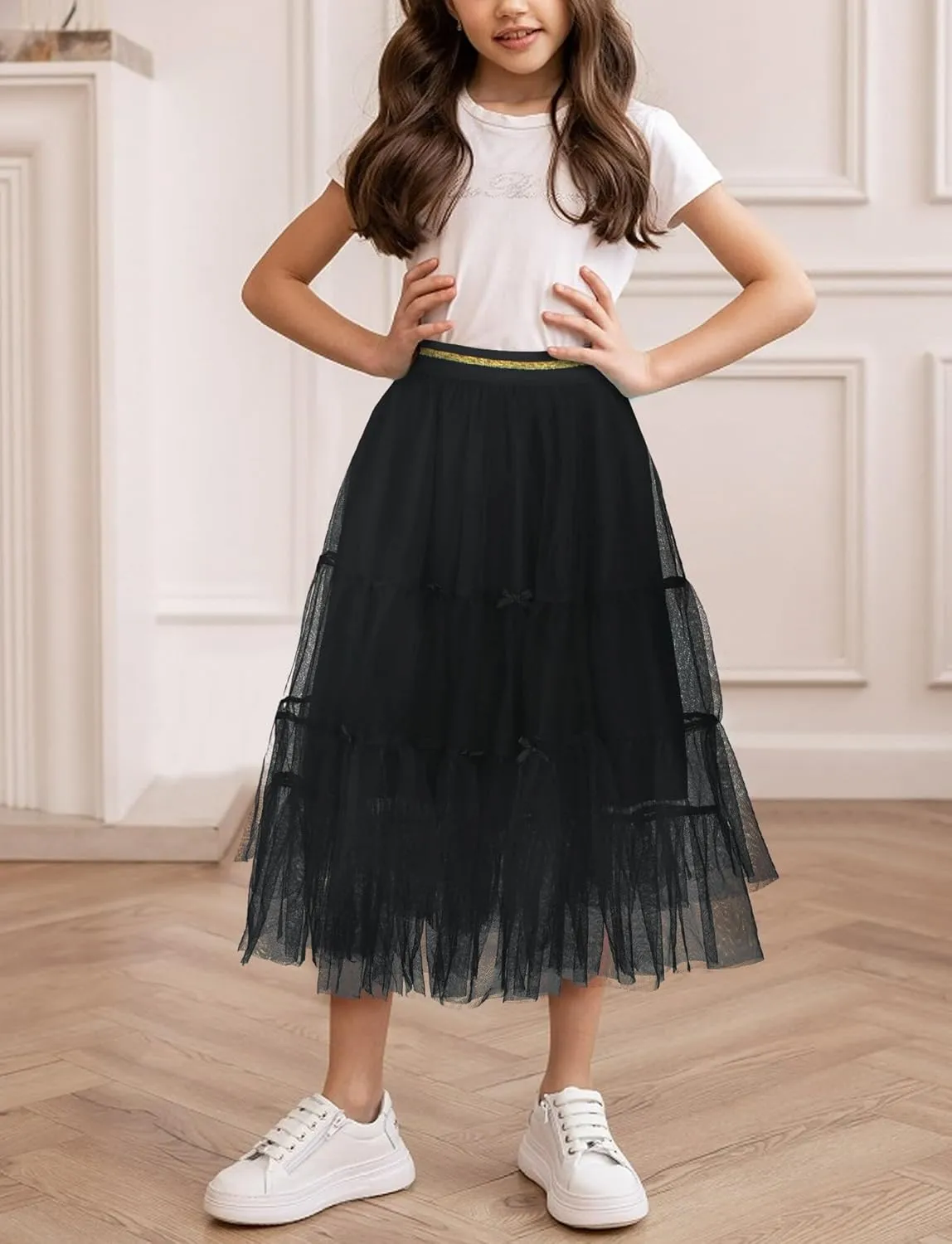 SEAUR Girls' Tulle A-line Mesh Long Tutu Skirts Casual Elastic High Waist Layered Skirt Party Princess Skirt