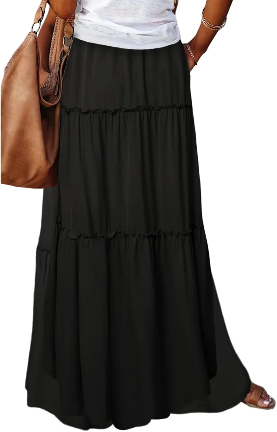SELINK Womens High Waist A Line Tiered Casual Long Maxi Skirt with Pockets
