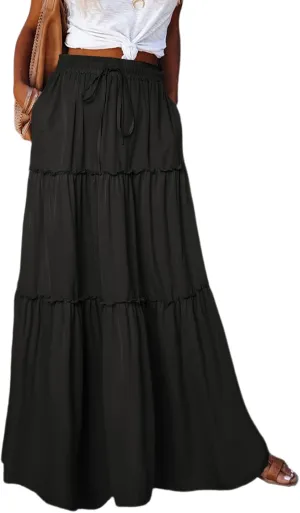 SELINK Womens High Waist A Line Tiered Casual Long Maxi Skirt with Pockets