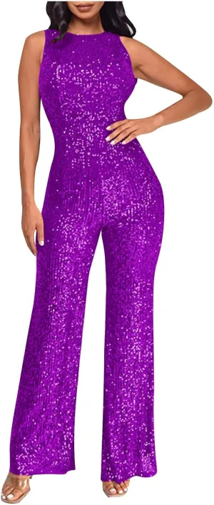 Sequin Halter Jumpsuit for Women Y2K Fashion Streetwear Athletic Dressy Party Romper Sexy Sleeveless V Neck Overalls