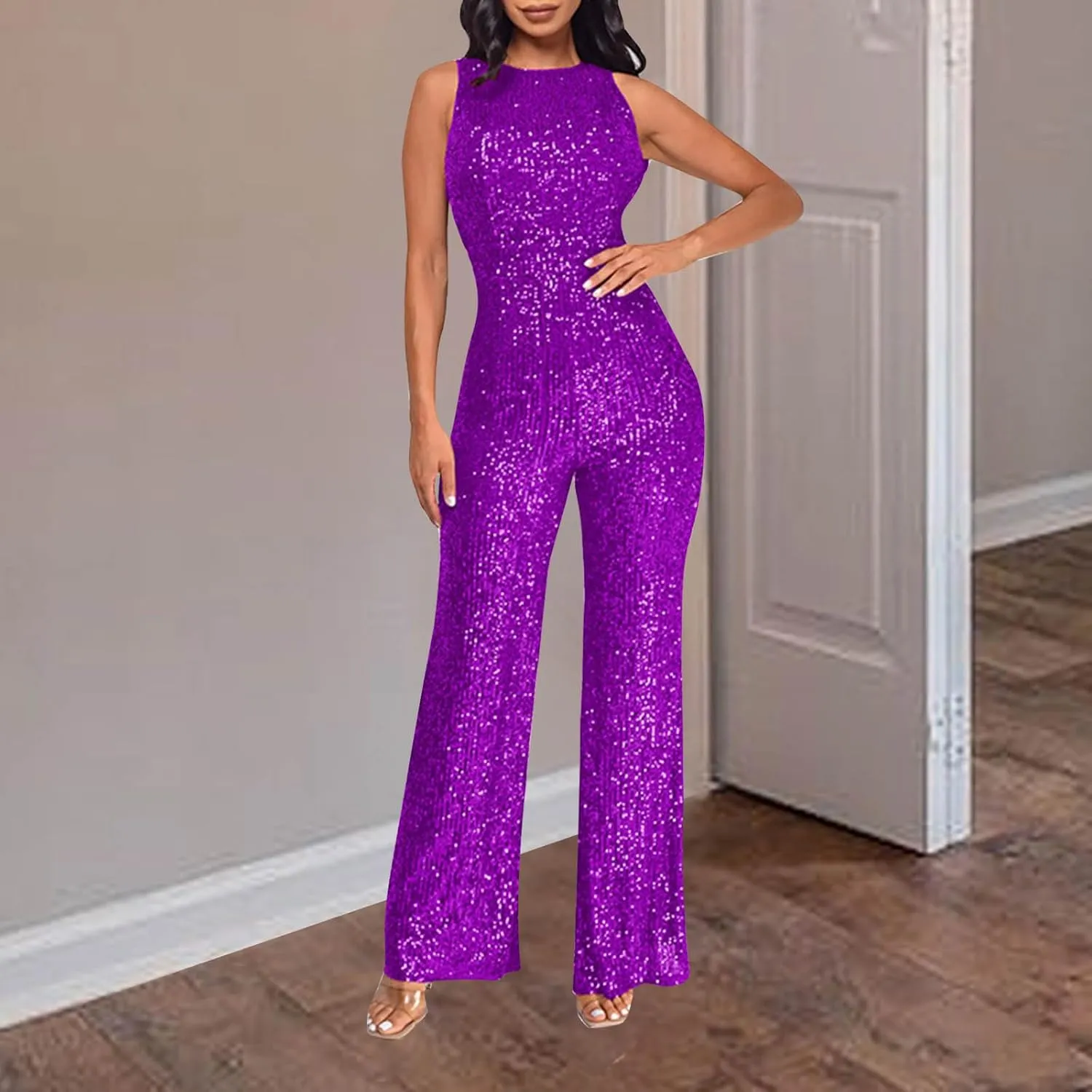 Sequin Halter Jumpsuit for Women Y2K Fashion Streetwear Athletic Dressy Party Romper Sexy Sleeveless V Neck Overalls