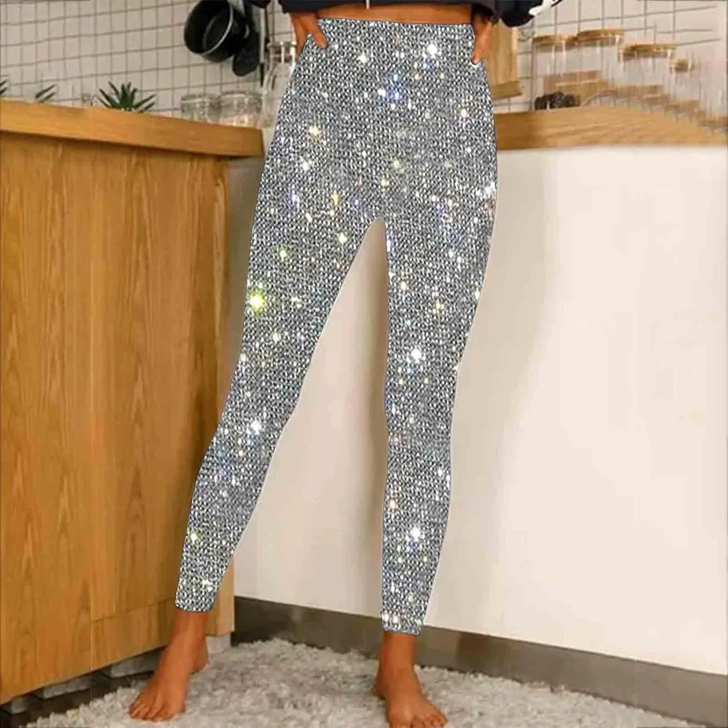 Sequin Print Pants Women Fashion Y2K Yoga Workout Leggings Stretch High Waisted Elastic Streetwear Cozy Lounge Slacks