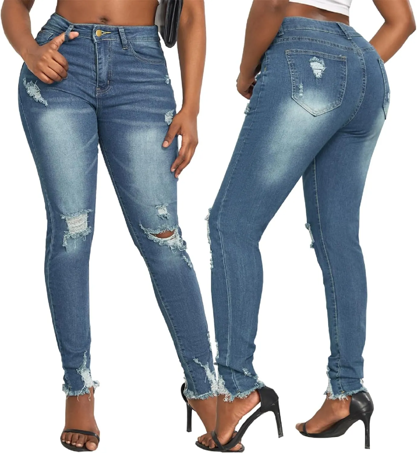 SheKiss Boyfriend Stretchy Jeans for Women - Distressed Frayed High Waisted Trendy Denim Blue Jeans