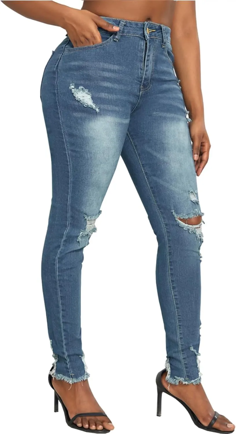 SheKiss Boyfriend Stretchy Jeans for Women - Distressed Frayed High Waisted Trendy Denim Blue Jeans