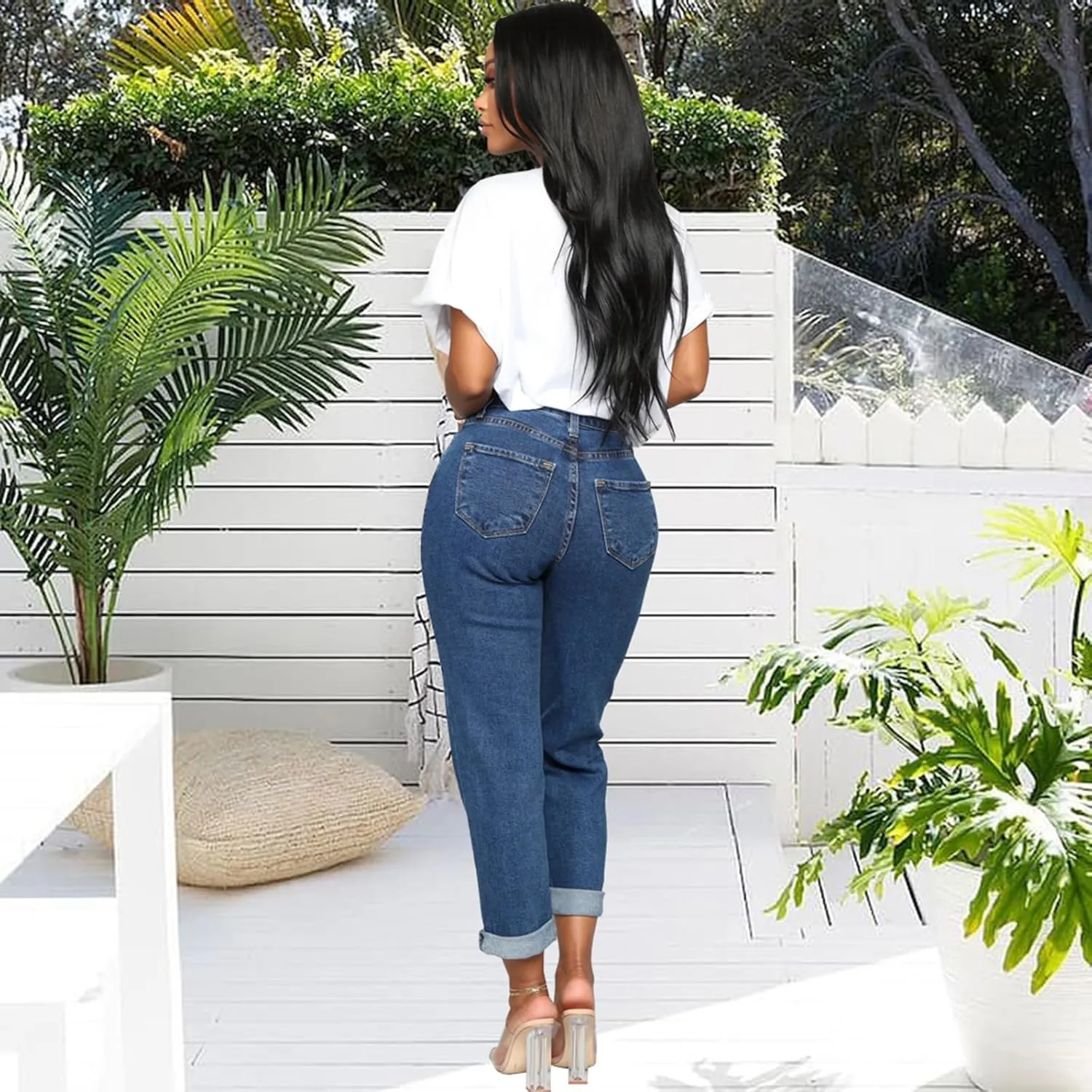 SheKiss Boyfriend Stretchy Jeans for Women - Distressed Frayed High Waisted Trendy Denim Blue Jeans