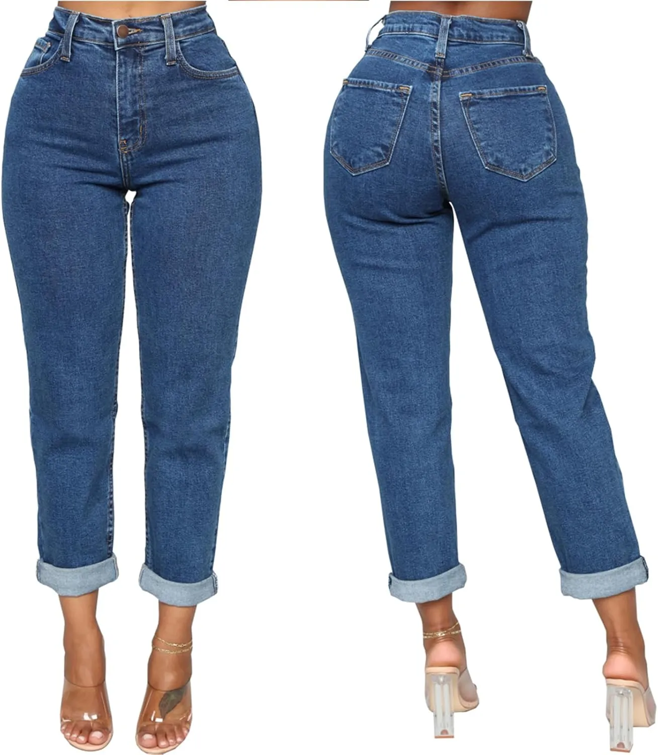 SheKiss Boyfriend Stretchy Jeans for Women - Distressed Frayed High Waisted Trendy Denim Blue Jeans