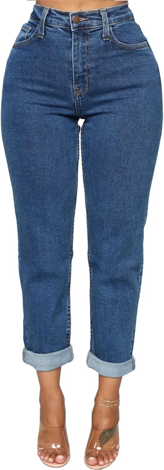 SheKiss Boyfriend Stretchy Jeans for Women - Distressed Frayed High Waisted Trendy Denim Blue Jeans
