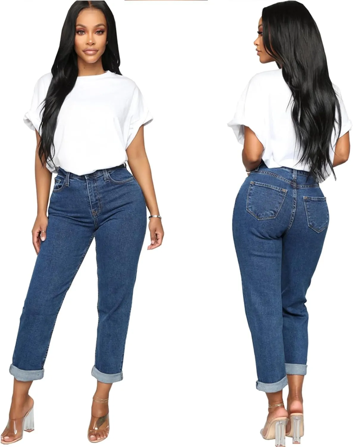 SheKiss Boyfriend Stretchy Jeans for Women - Distressed Frayed High Waisted Trendy Denim Blue Jeans