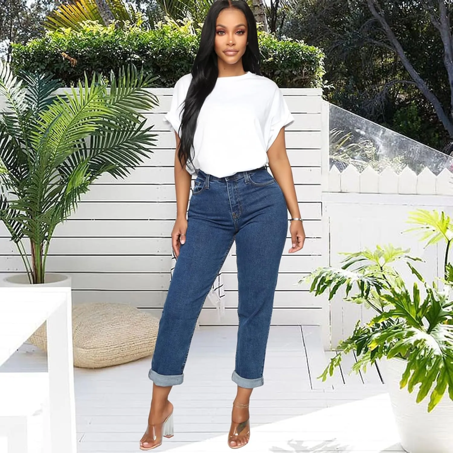 SheKiss Boyfriend Stretchy Jeans for Women - Distressed Frayed High Waisted Trendy Denim Blue Jeans