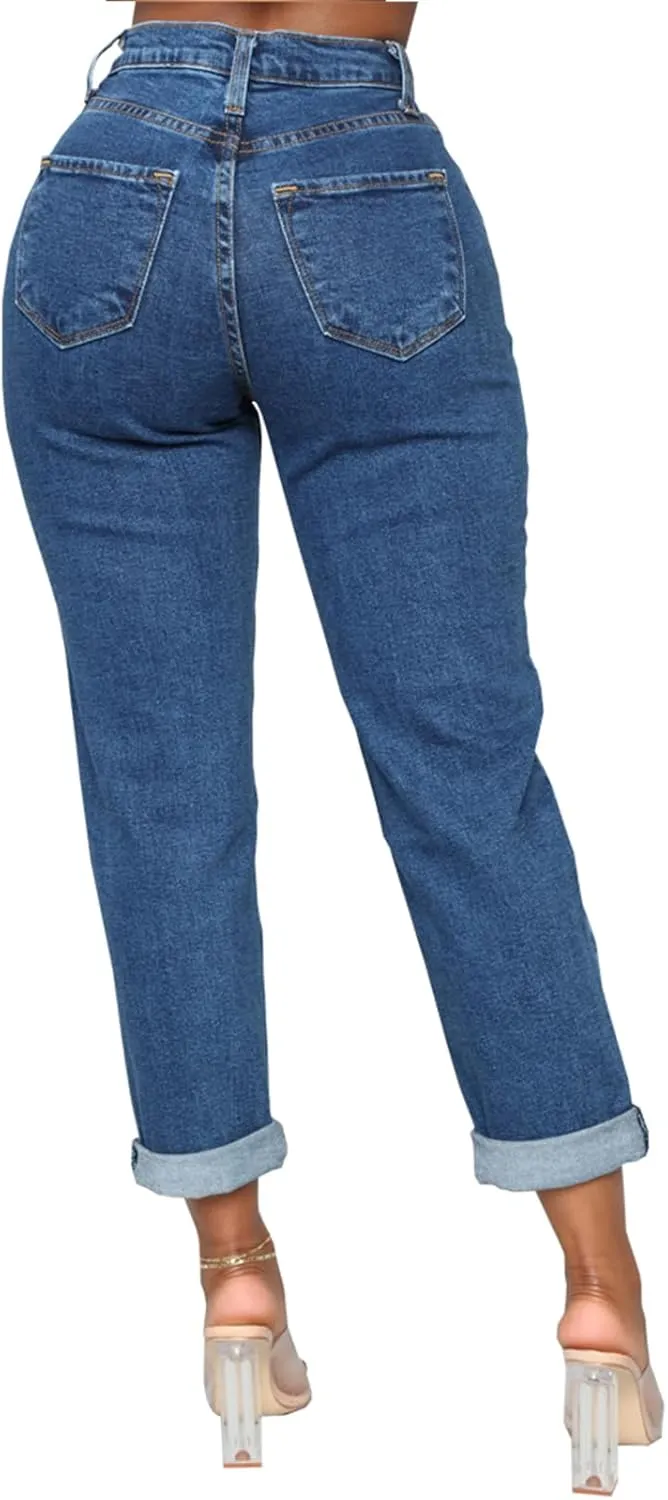 SheKiss Boyfriend Stretchy Jeans for Women - Distressed Frayed High Waisted Trendy Denim Blue Jeans
