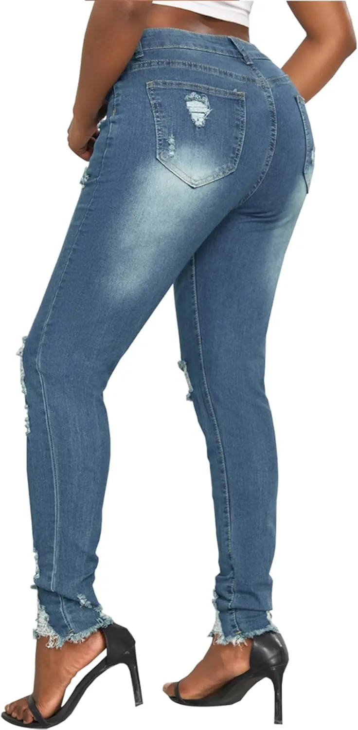 SheKiss Boyfriend Stretchy Jeans for Women - Distressed Frayed High Waisted Trendy Denim Blue Jeans