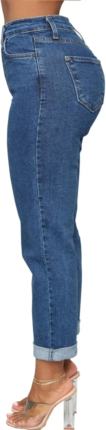 SheKiss Boyfriend Stretchy Jeans for Women - Distressed Frayed High Waisted Trendy Denim Blue Jeans
